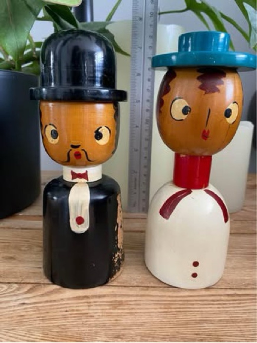 Vintage Hand-Painted Wooden Man & Woman Salt and Pepper Shakers - Bowler & Hat